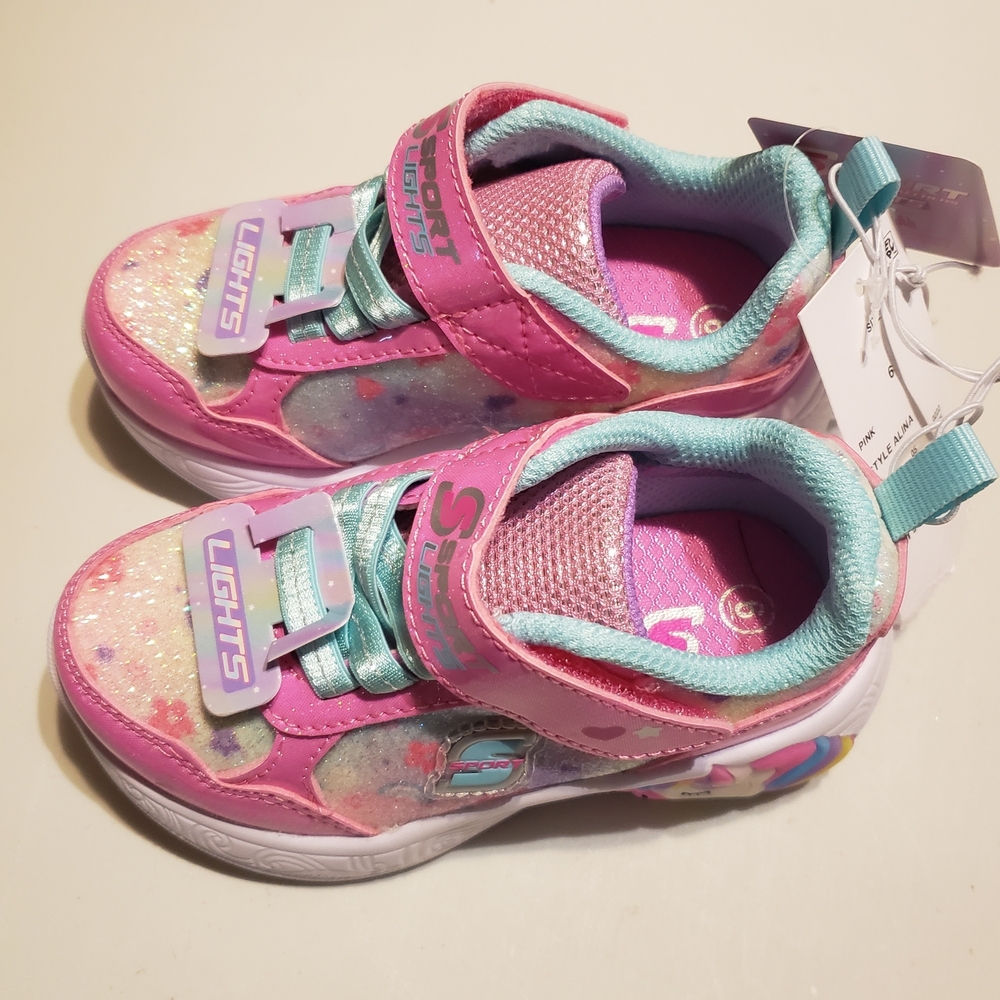 Skechers Kids Pink Glitter Light-Up Sneakers with Teal Accents - Picture 2 of 7